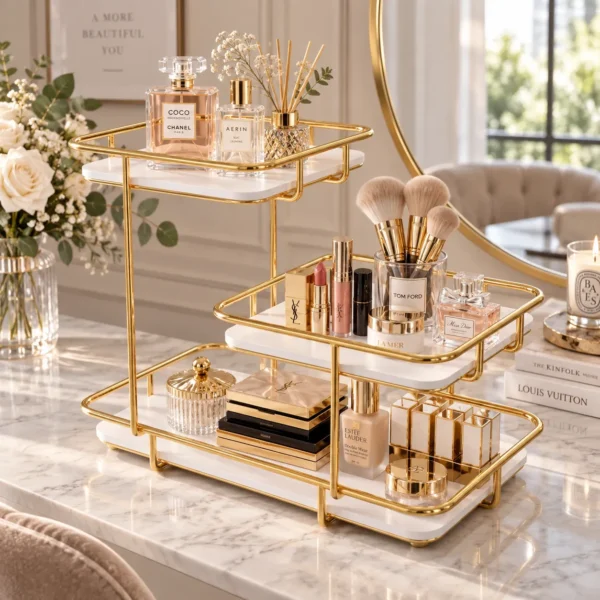 Golden 3 tier buffet and dessert display rack styled with decorative items