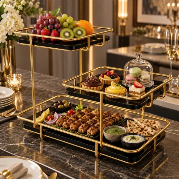 Golden 3 tier buffet and dessert display rack set up on a dining table with fruits