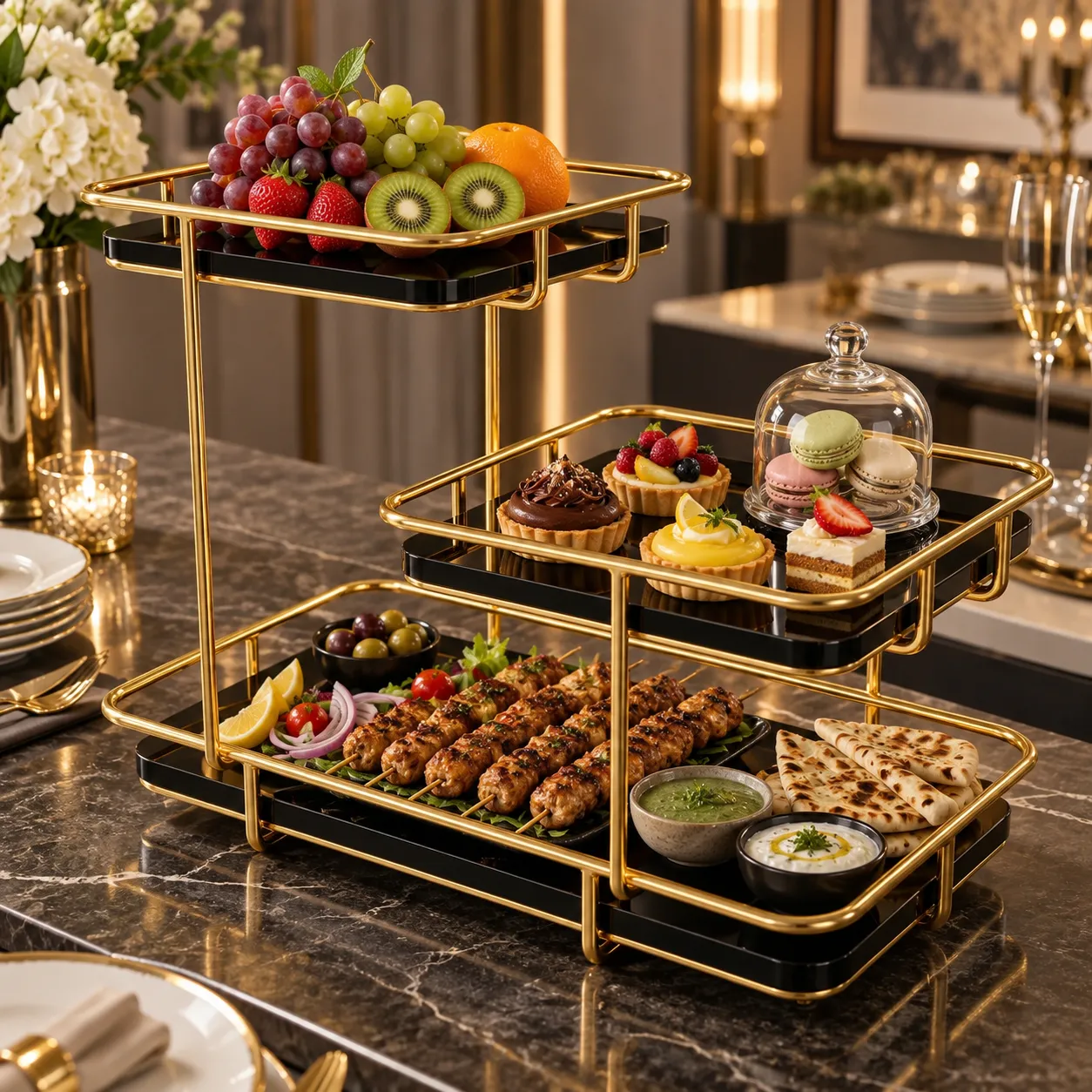 Golden 3 tier buffet and dessert display rack set up on a dining table with fruits