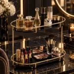Golden 2 tier vanity and perfume storage rack against a dark moody background