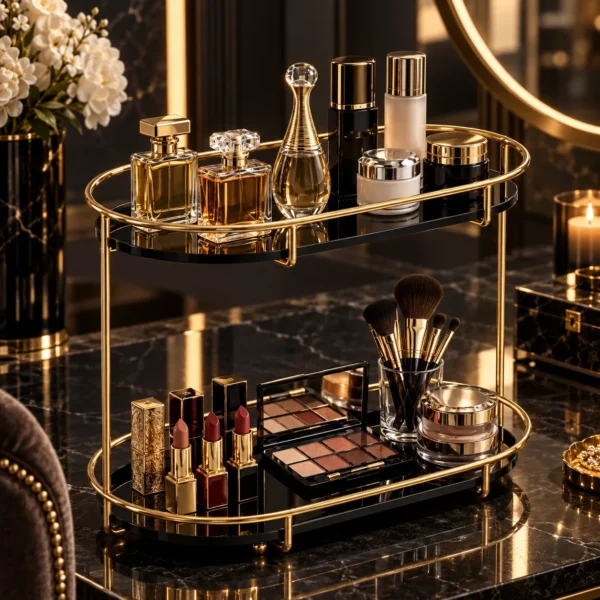 Golden 2 tier vanity and perfume storage rack against a dark moody background