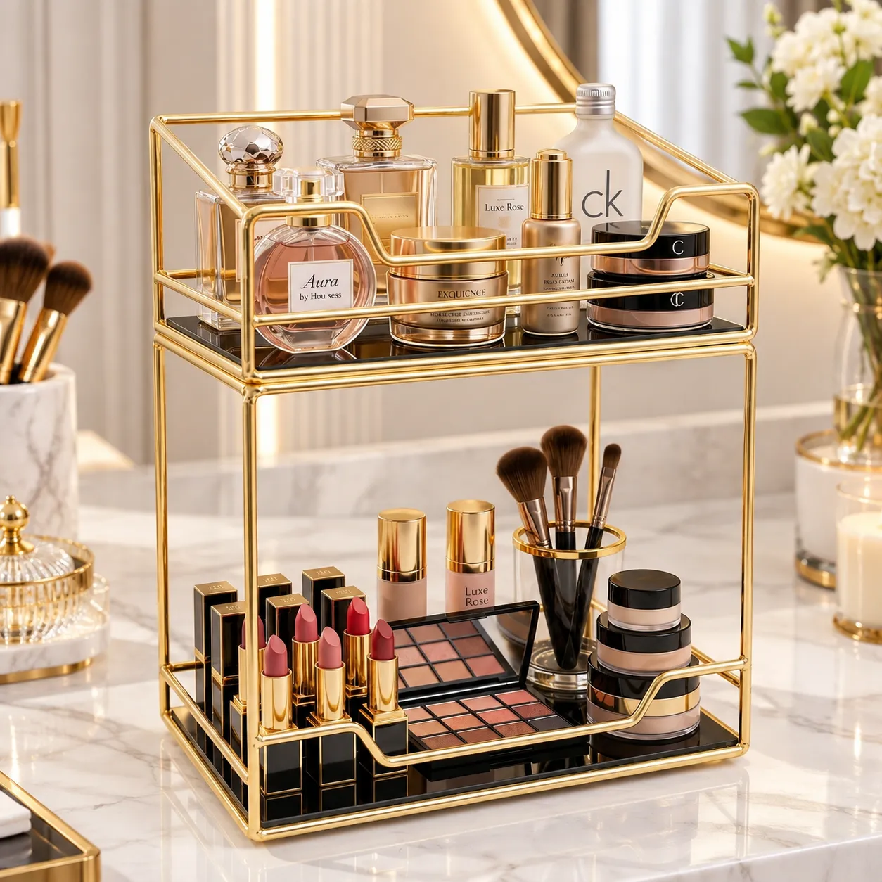 Two tier golden vanity organizer filled with makeup brushes, lipsticks and beauty products
