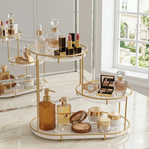 3 Tier Makeup Organizer – Golden Oval Step Vanity Rack