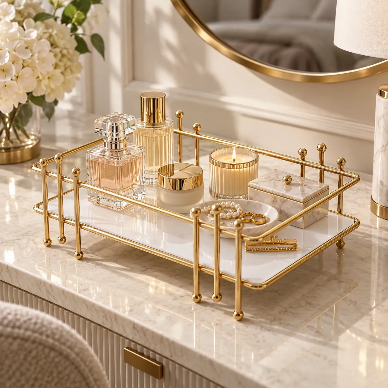 Close up of golden multipurpose vanity display rack in front of a round mirror