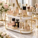 Golden 2 tier vanity storage rack styled with perfume bottles and floral decor