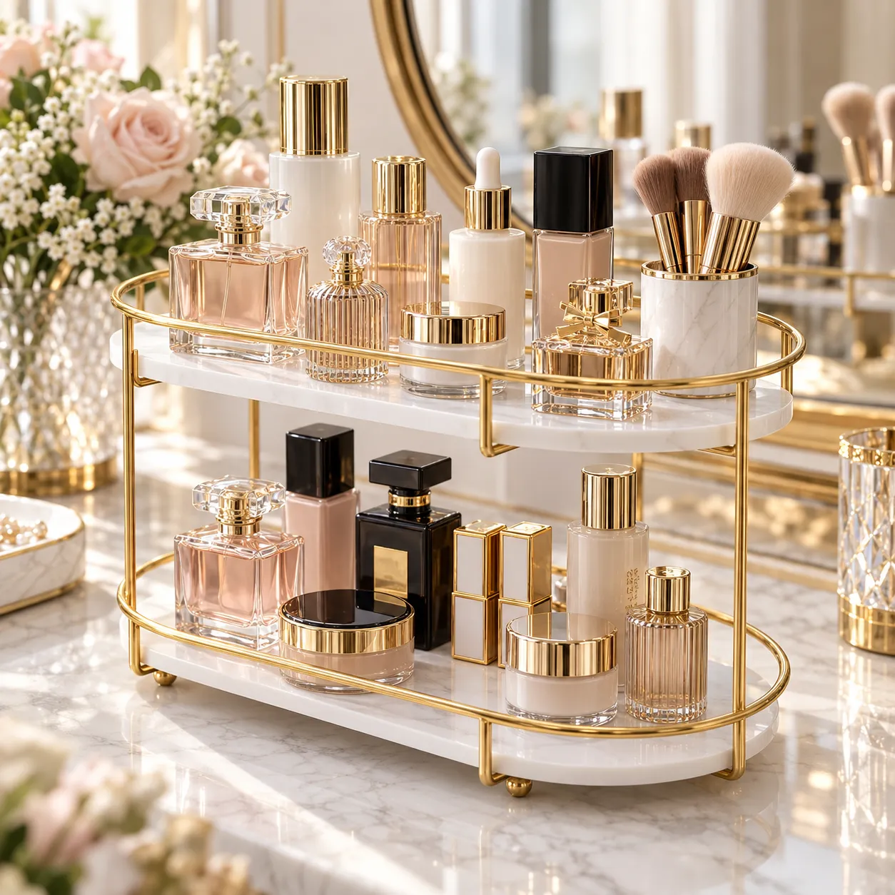 Golden 2 tier vanity storage rack styled with perfume bottles and floral decor