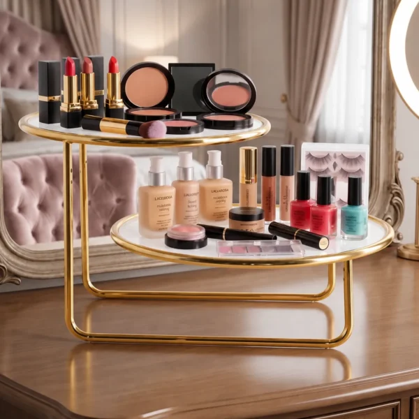 Offset golden 2 tier vanity rack styled with lipsticks, compacts and makeup products
