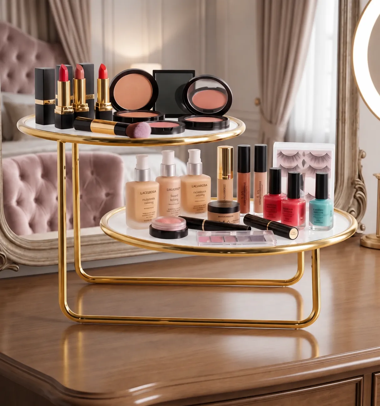 Offset golden 2 tier vanity rack styled with lipsticks, compacts and makeup products