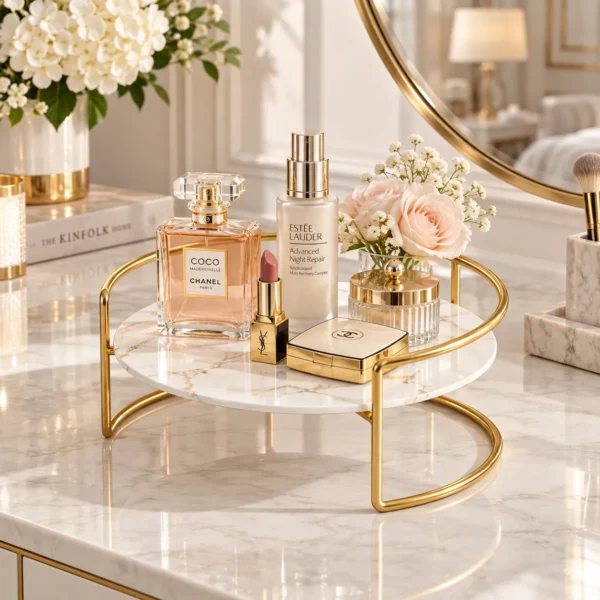 Golden cosmetic storage rack styled with makeup and floral decor