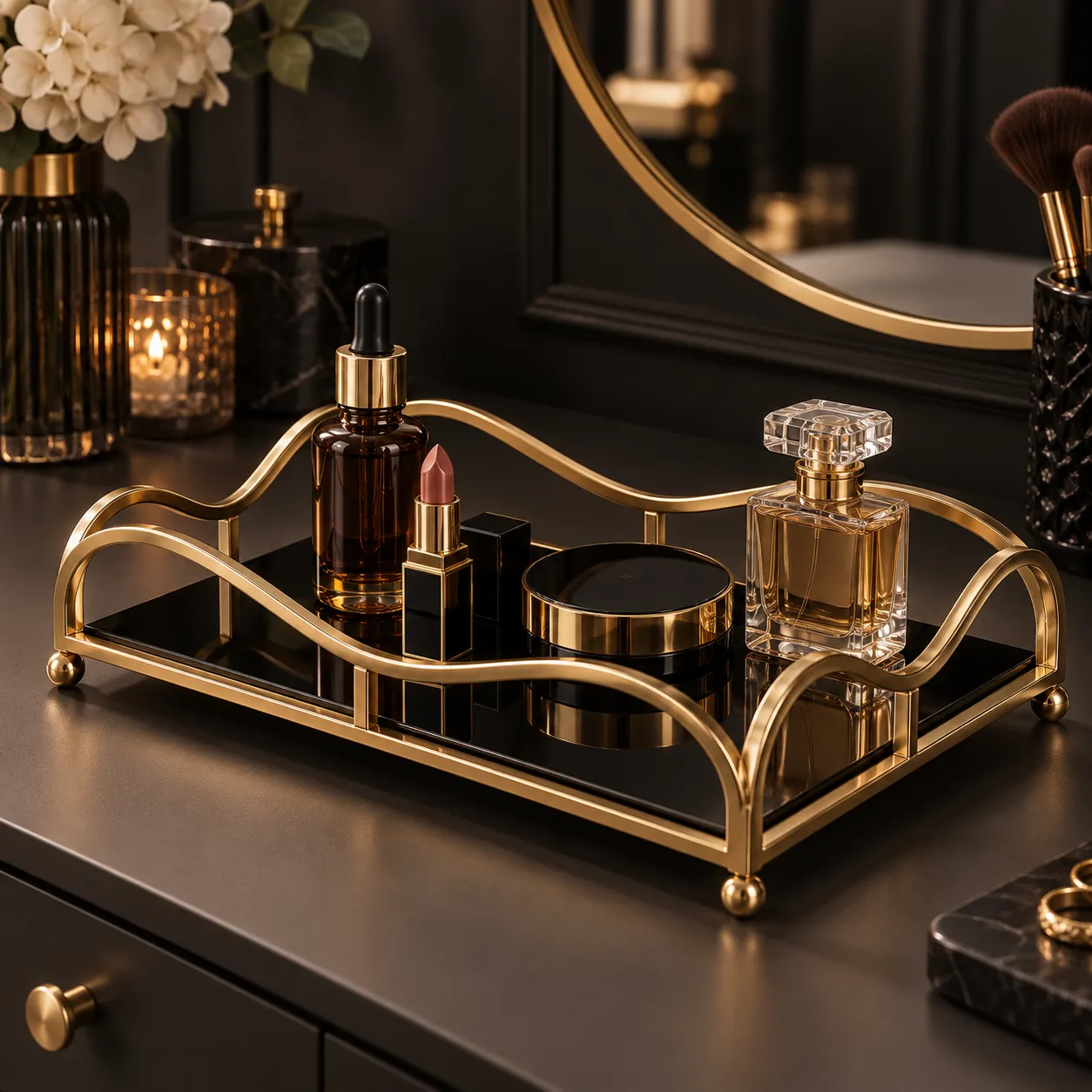 Gold mirror finish vanity tray holding perfume bottles in a moody styled shot