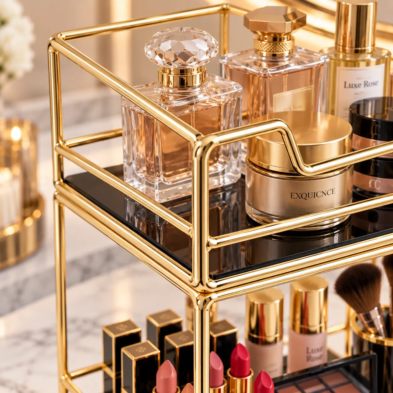 Close up of gold metal 2 tier cosmetic rack storing perfume bottles and skincare products