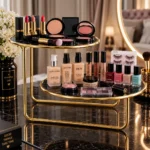 Angle view of offset golden 2 tier vanity storage rack holding makeup and cosmetics