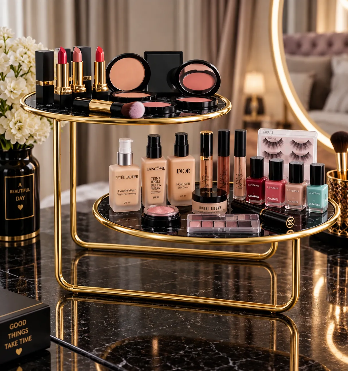 Close up of offset golden 2 tier vanity storage rack filled with lipsticks and makeup compacts