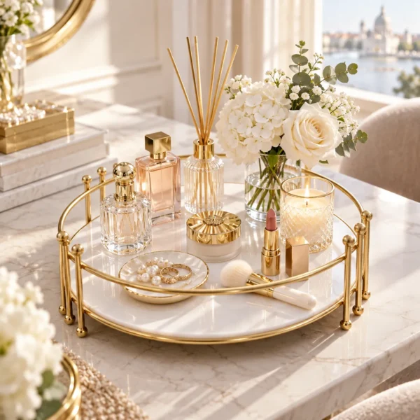 Close up of round gold vanity tray with cosmetic and perfume bottles