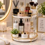 Golden cosmetic organizer tray with black top holding perfume bottles