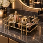 Golden multipurpose vanity display rack on a black surface with moody lighting