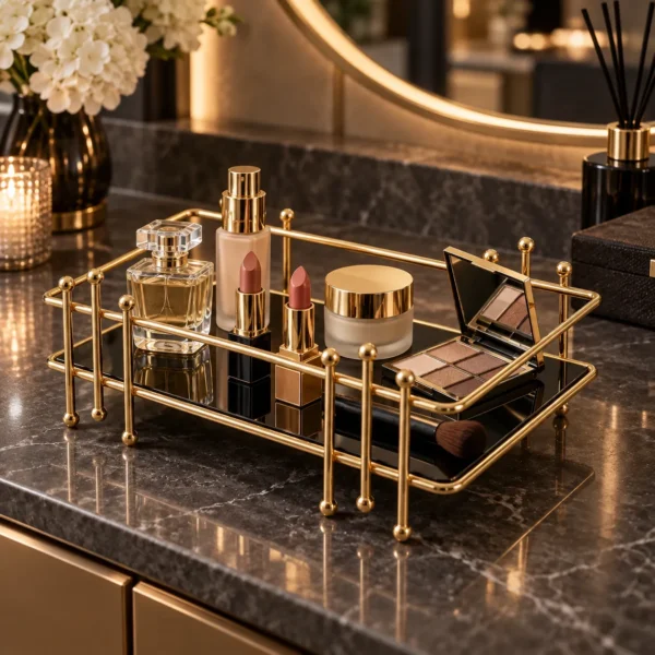 Golden multipurpose vanity display rack on a black surface with moody lighting