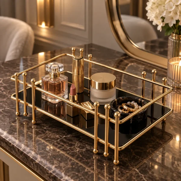 Golden multipurpose vanity display rack styled beneath an arched mirror