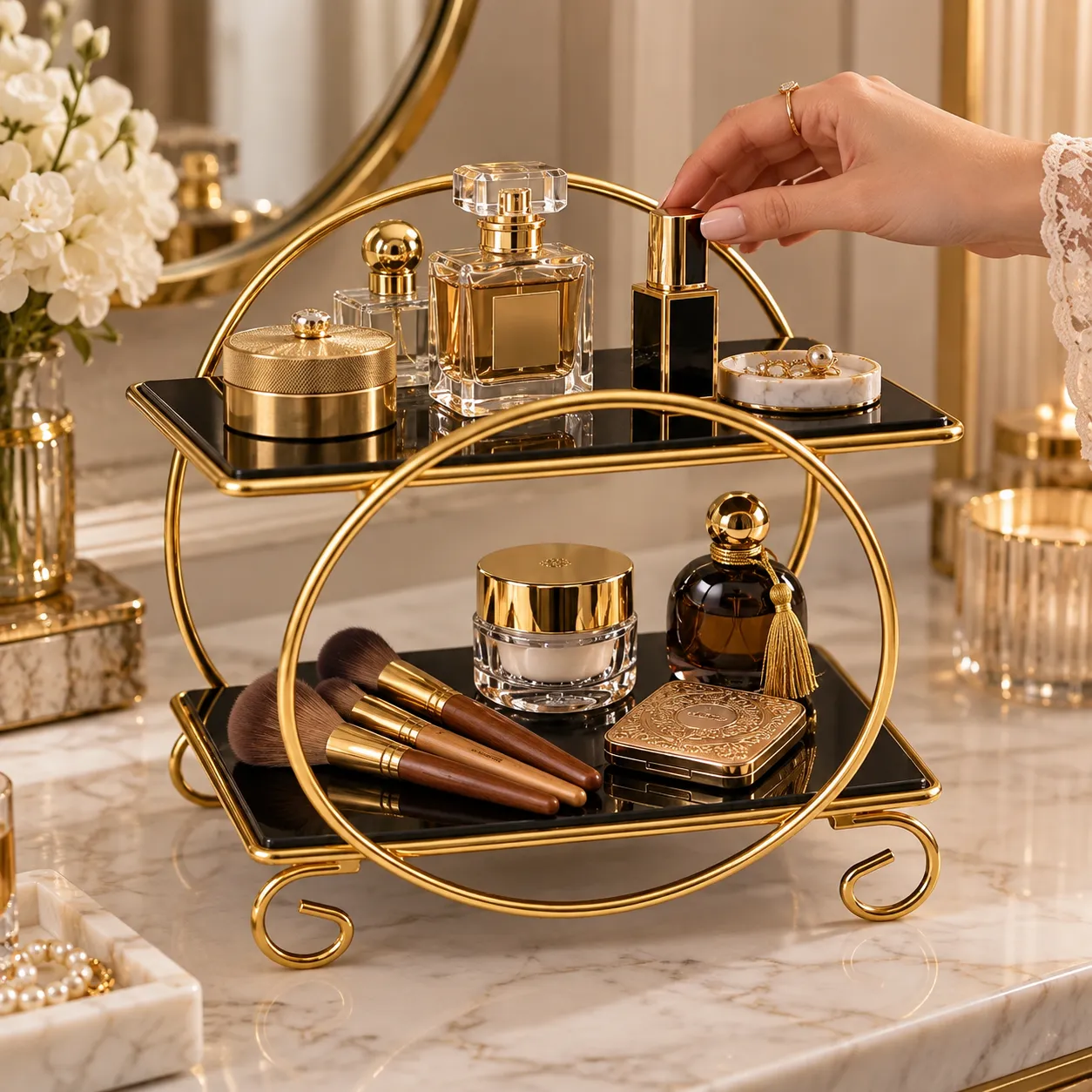 Golden 2 tier cosmetic rack displaying perfume bottles and skincare jars on a vanity