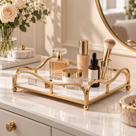 Gold mirror finish vanity tray with cosmetics displayed against a dark backdrop
