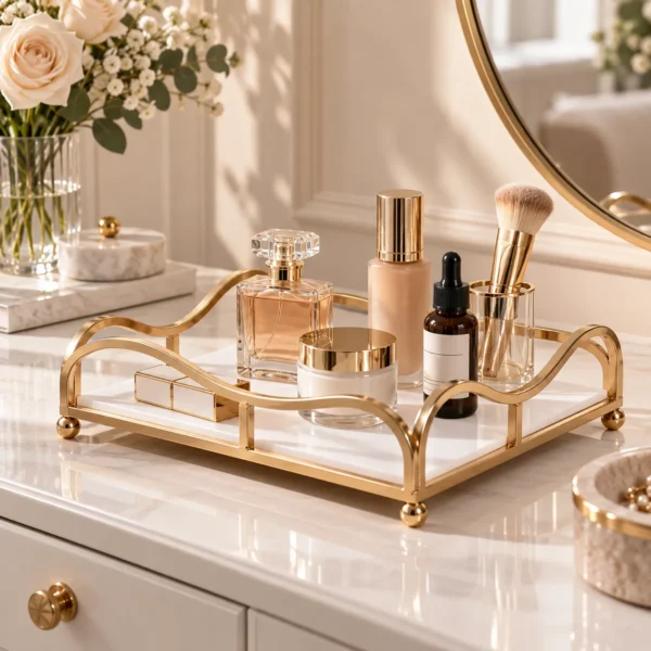 Gold mirror finish vanity tray with cosmetics displayed against a dark backdrop
