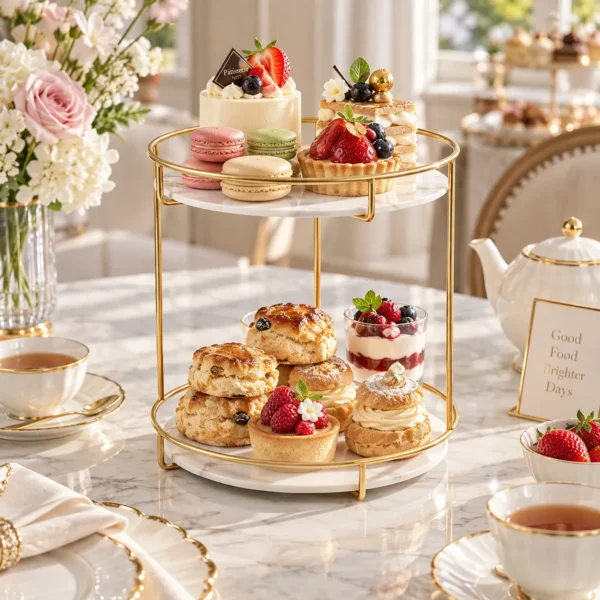 Golden round organizer tray styled with desserts and fruits