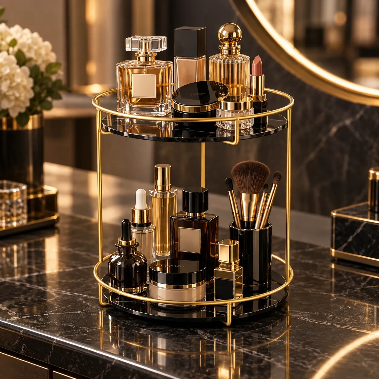 Golden cosmetic organizer tray with makeup products against a dark background