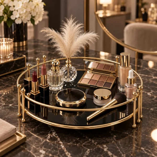 Round gold vanity tray styled with candles, perfume bottles and floral decor
