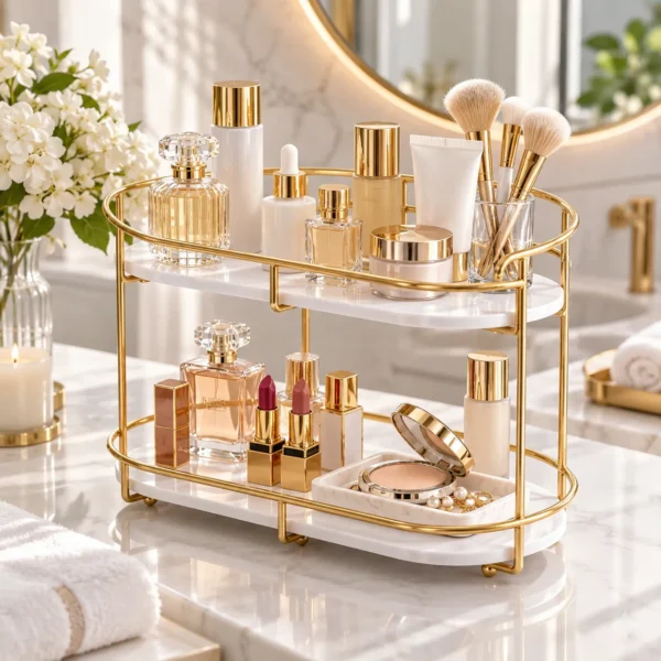 Golden 2 tier vanity and perfume storage rack styled on a vanity table with florals
