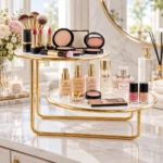 Side view of offset golden 2 tier vanity storage rack with cosmetic products on display
