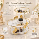 Infographic showing 3 3 tier black and gold makeup organizer styled with candles and perfume bottlestier luxury makeup organizer designed for cosmetics and perfume storage