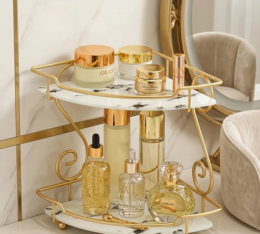 Single Tier Gold Corner Display Shelf with Marble Style Base – photo 4