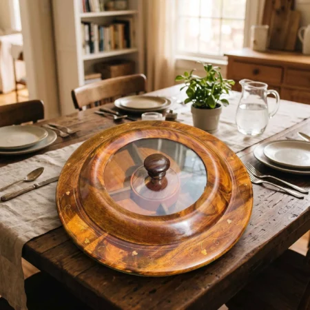 Wooden Dry Fruit Pot with Glass Lid – Decorative Serving Bowl