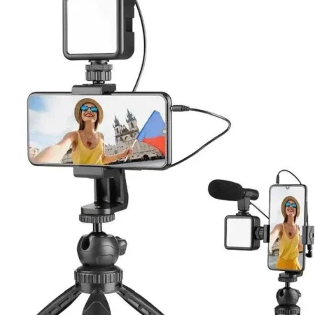 AY-49 Vlogging Kit – Microphone, LED Light & Mini Tripod with Remote