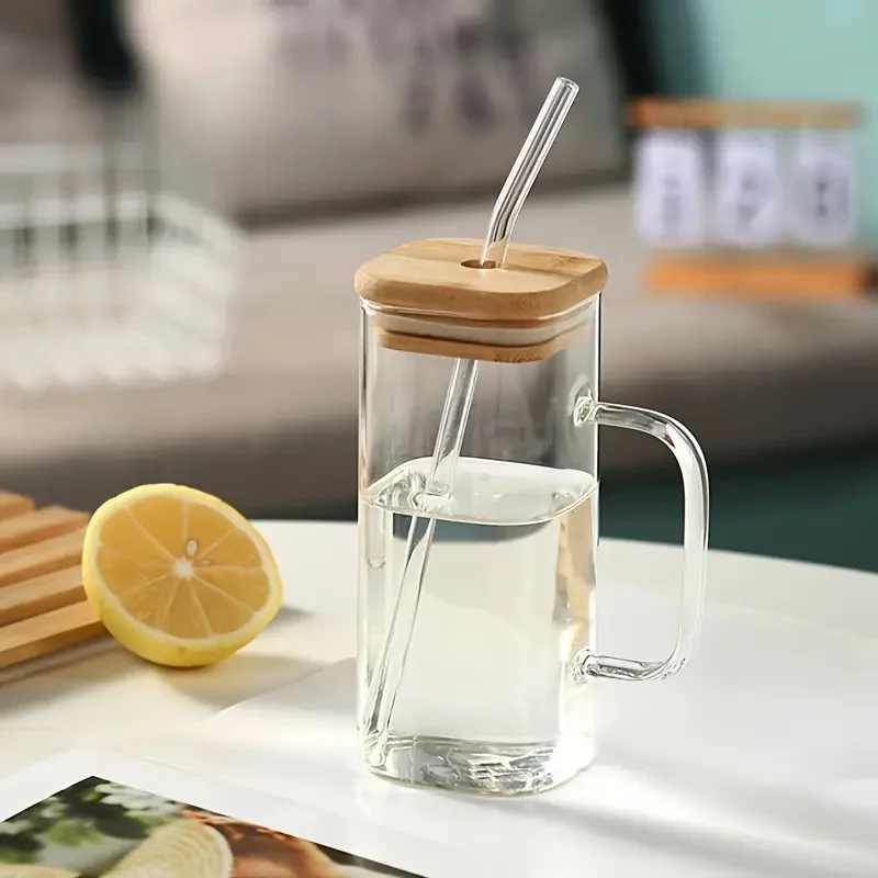 Rectangular Glass Mug with Straw and Wood Lid - 400 ML - photo 2