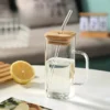 Rectangular Glass Mug with Straw and Wood Lid - 400 ML - photo 1