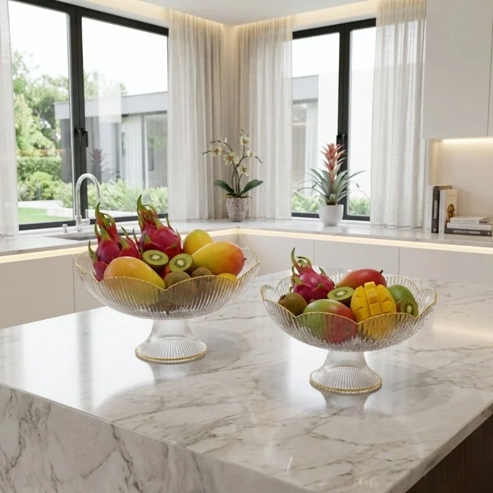 Acrylic Fruit Basket with Detachable Stand – Gold Rim – photo 2