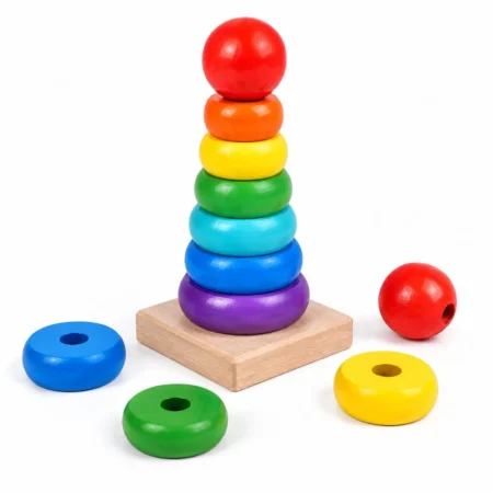 Wooden Rainbow Stacking Tower – Montessori Ring Stacker for Toddlers