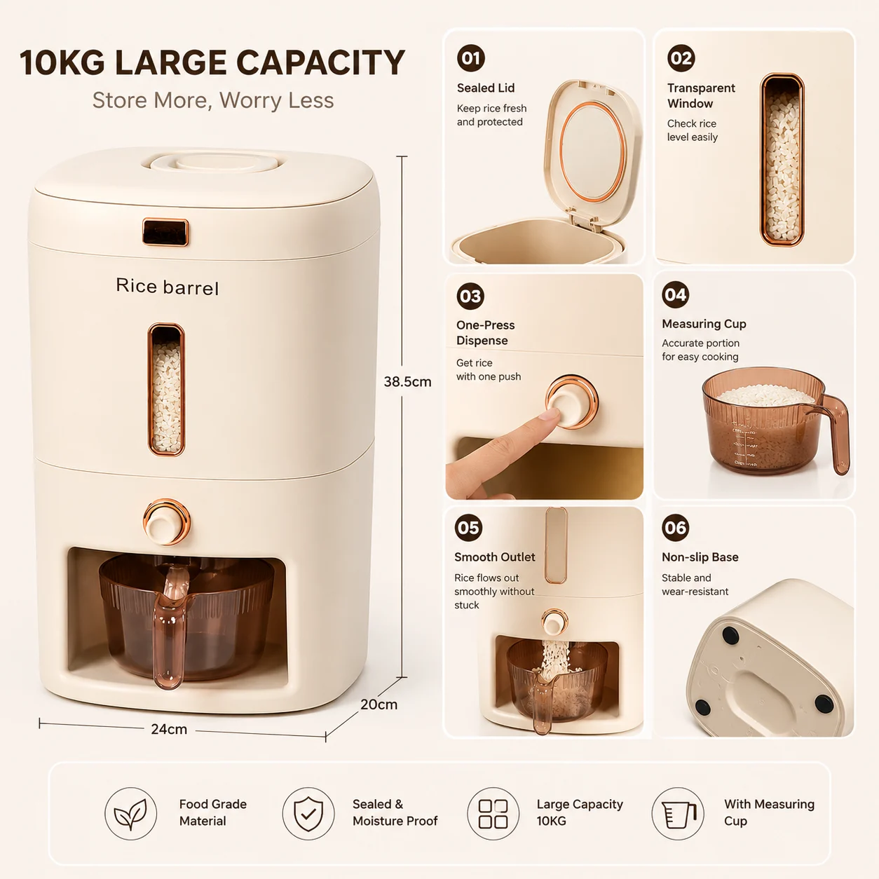 10 KG Large Capacity Rice Dispenser with Measuring Cup - photo 1