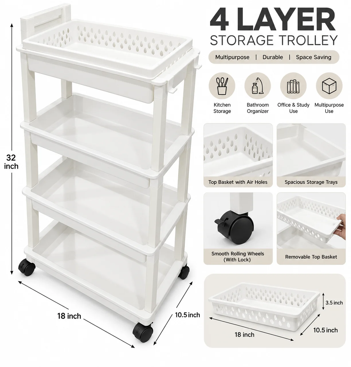 4-Layer Multipurpose Storage Trolley with Wheels - photo 2