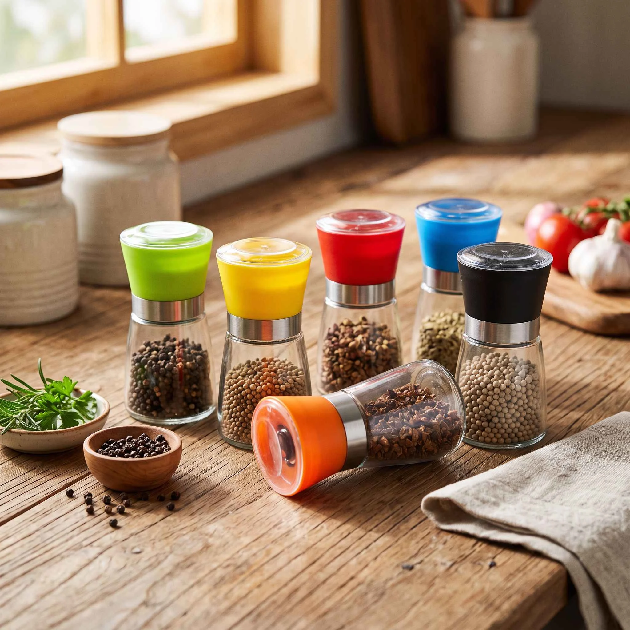 Manual glass salt and pepper grinders with green, yellow, red, blue, black and orange caps on a wooden table