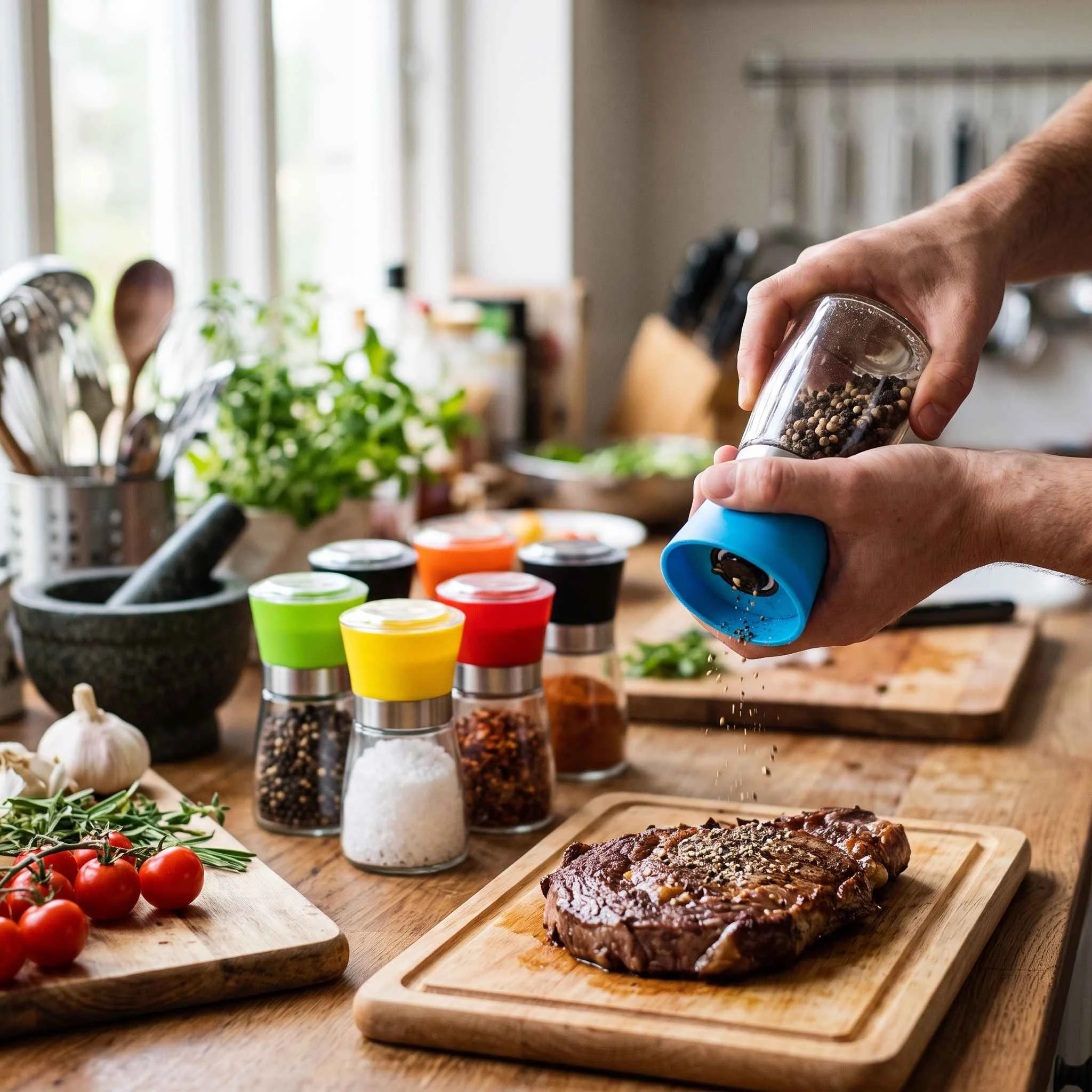 Hand twisting a manual glass pepper grinder with a blue cap over a steak, with other coloured grinders beside it