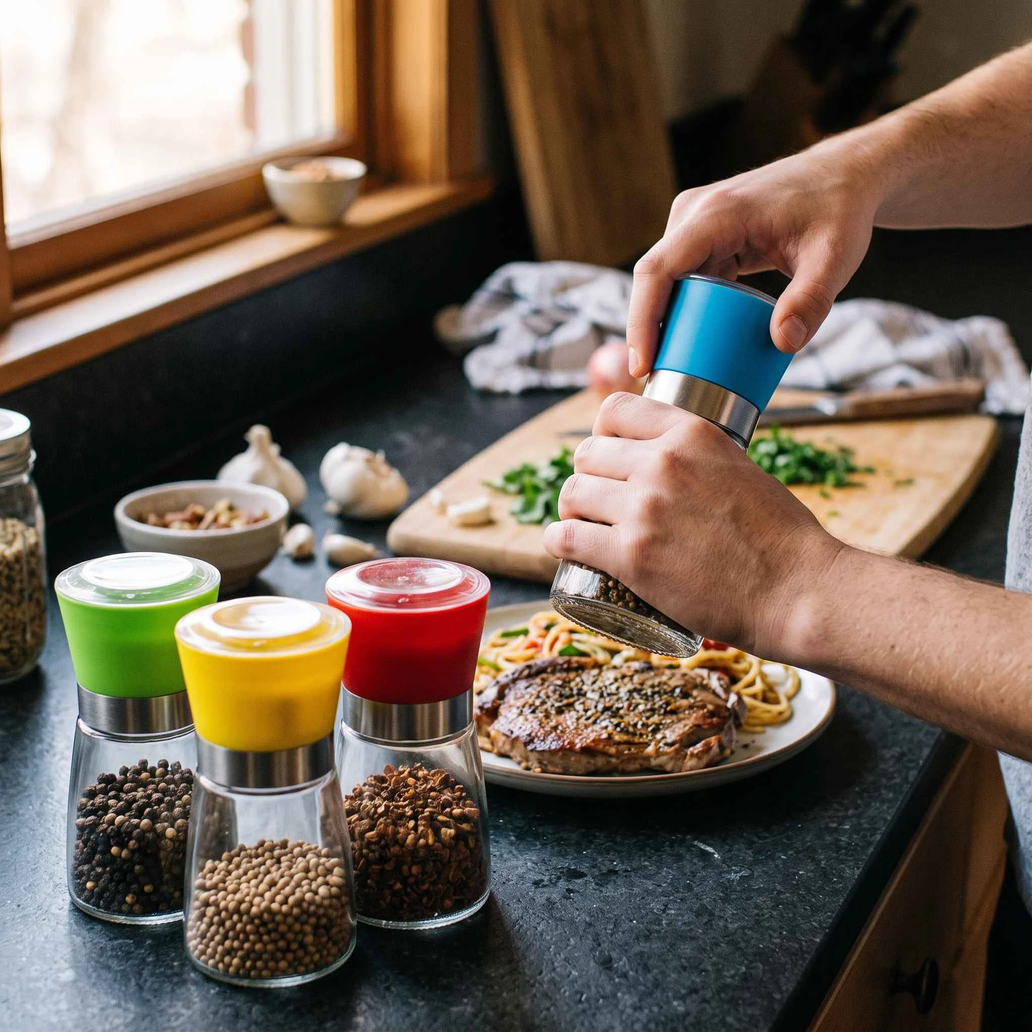 Person grinding pepper from a blue-cap glass grinder onto a steak dinner, with green, yellow and red grinders nearby