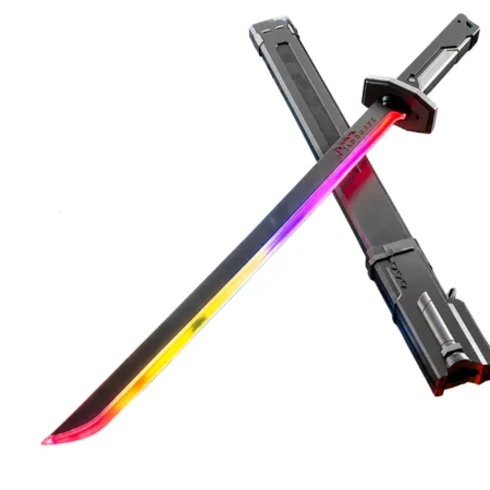 LED toy sword with a colour-flowing rainbow blade and black scabbard