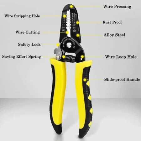 Wire stripper and cutter plier with labelled wire stripping hole, cutting edge, safety lock, spring and slip-proof handle