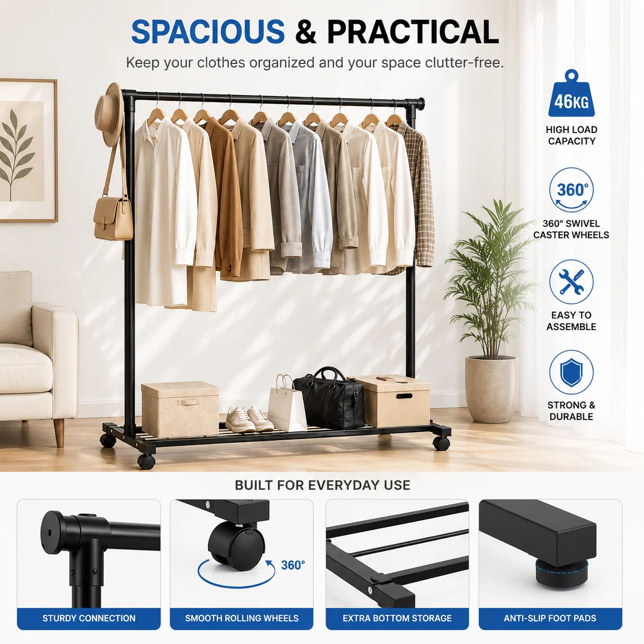Heavy Duty Single Rod Clothes Hanger - 46 Kg Capacity - photo 2