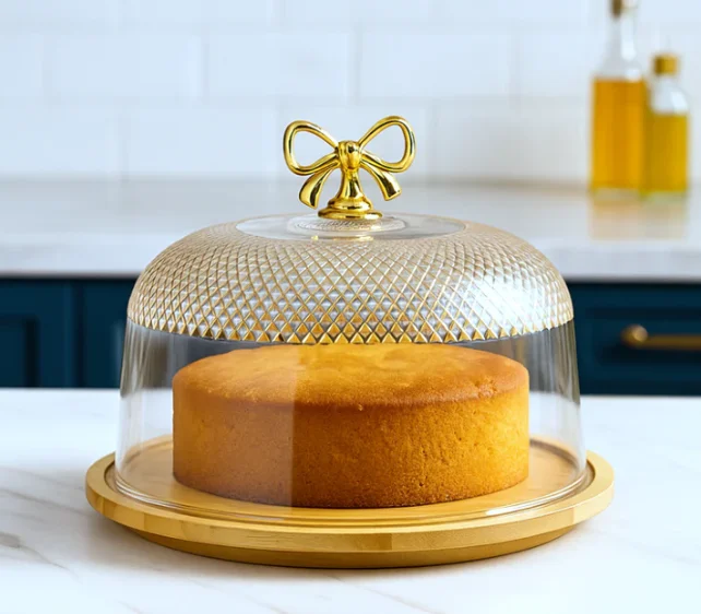 Glass Cake Dish with Wood Base – Gold Bow Handle Cake Stand – photo 4