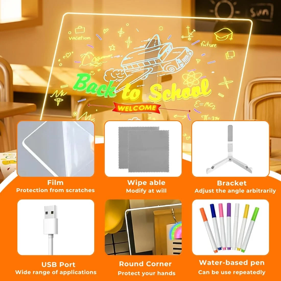 LED Acrylic Writing Board 12×8 Inch – Light-Up Message Board with Stand & 7 Markers