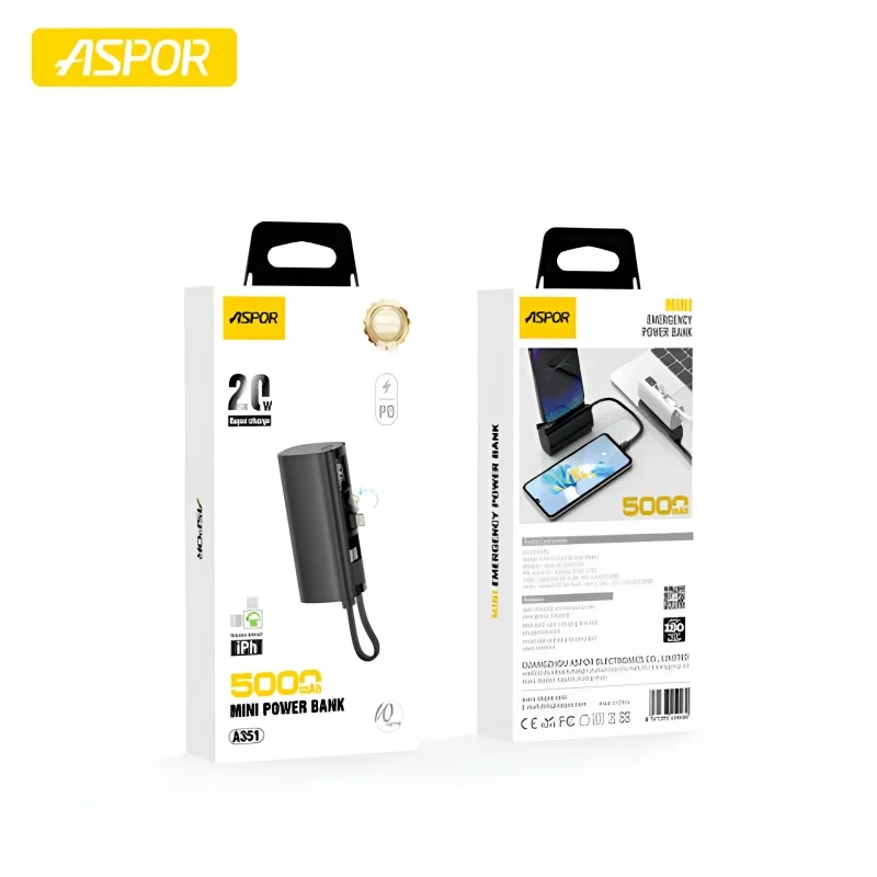 Aspor A351 Mini Power Bank 5000mAh – Built-in Cable, Display & Phone Stand