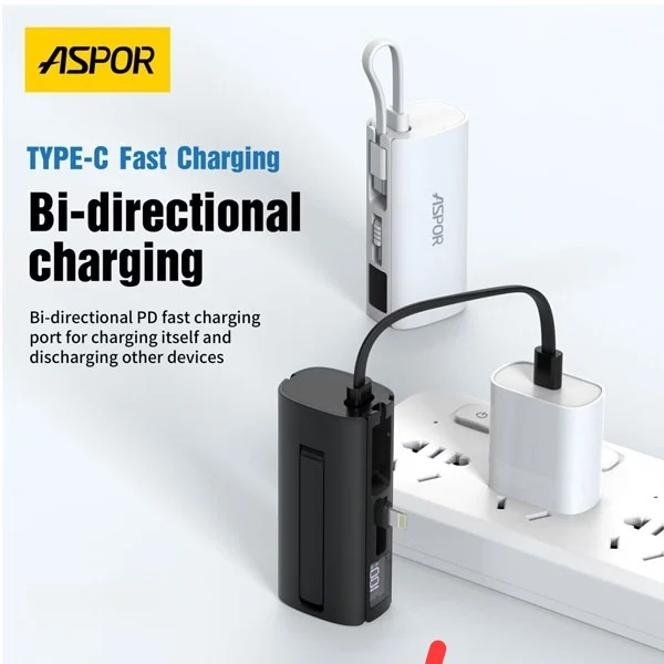 Aspor A351 Mini Power Bank 5000mAh – Built-in Cable, Display & Phone Stand - photo 3
